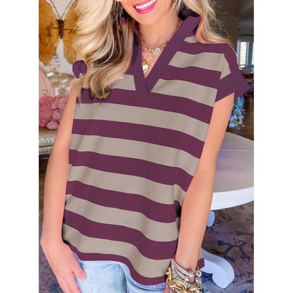 SHEWIN Womens Summer Top Casual Short Sleeve Blouse Burgundy Striped NEW XL